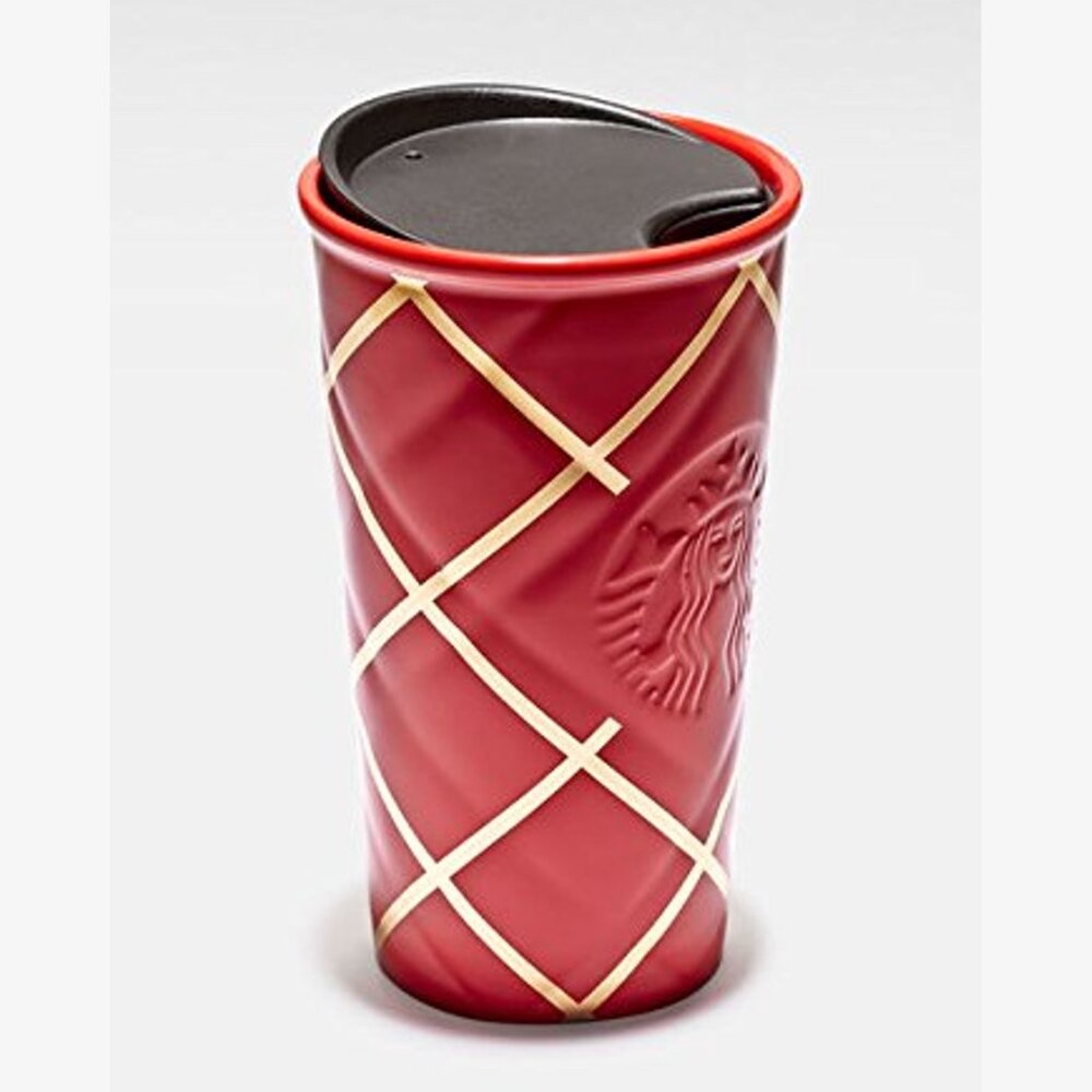 Starbucks 2016 Ceramic Double Wall Red/Gold Quilted Siren Travel Tumbler 12oz